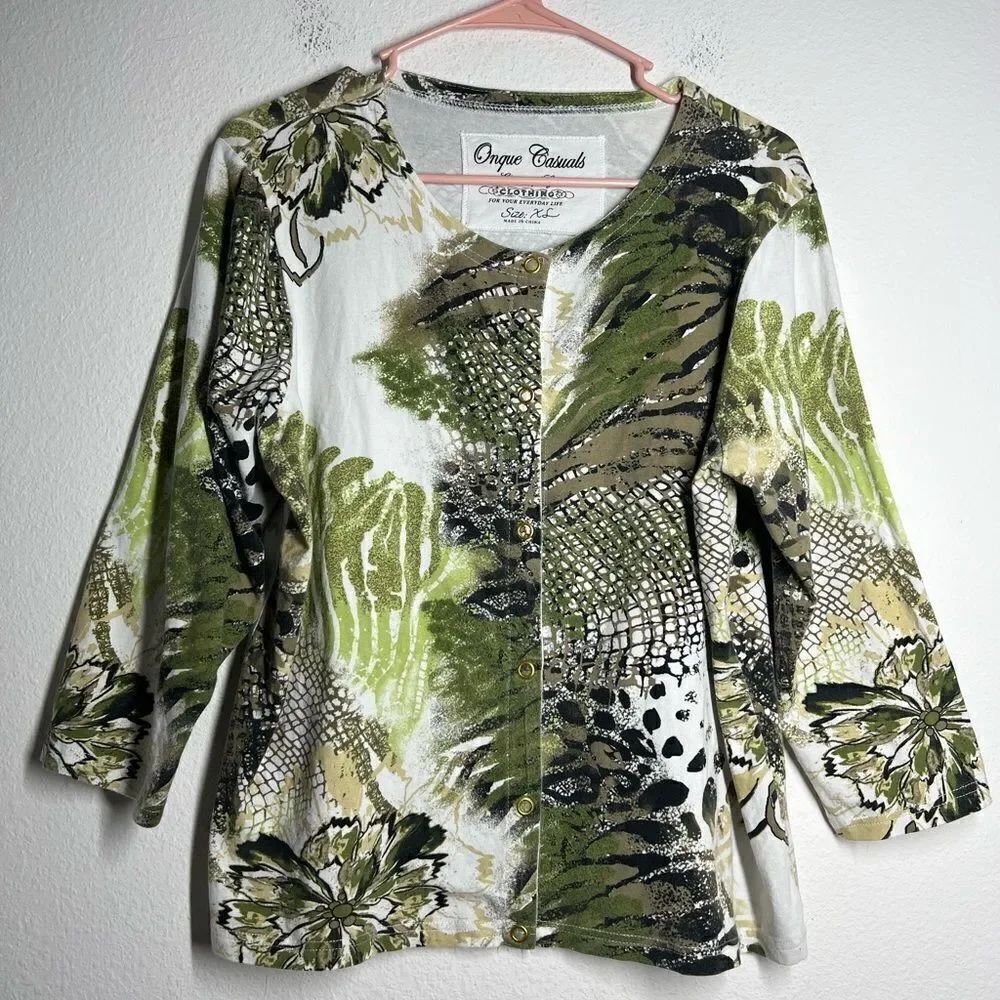 Womens Green Graphic Onque Casuals Top Jacket Sz XS Floral Reptile Print Button